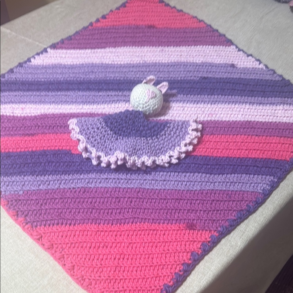 Handmade Striped Crochet Blanket and rabbit lovey Set